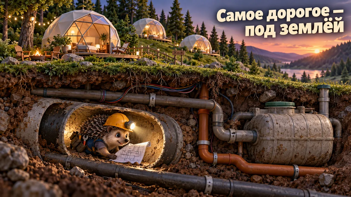 Обложка статьи: Коммуникации для глэмпинга: электричество, вода и септик без переделок